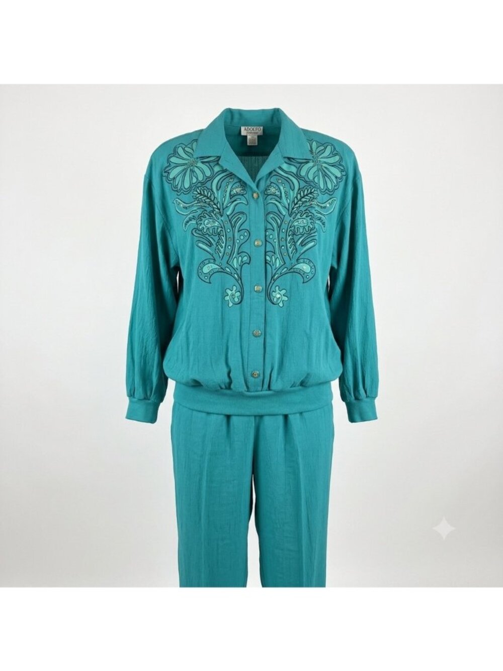 Adolfo Collectibles Women's Teal Embroidered 2-Piece Button-Up Top & Pant Set XL